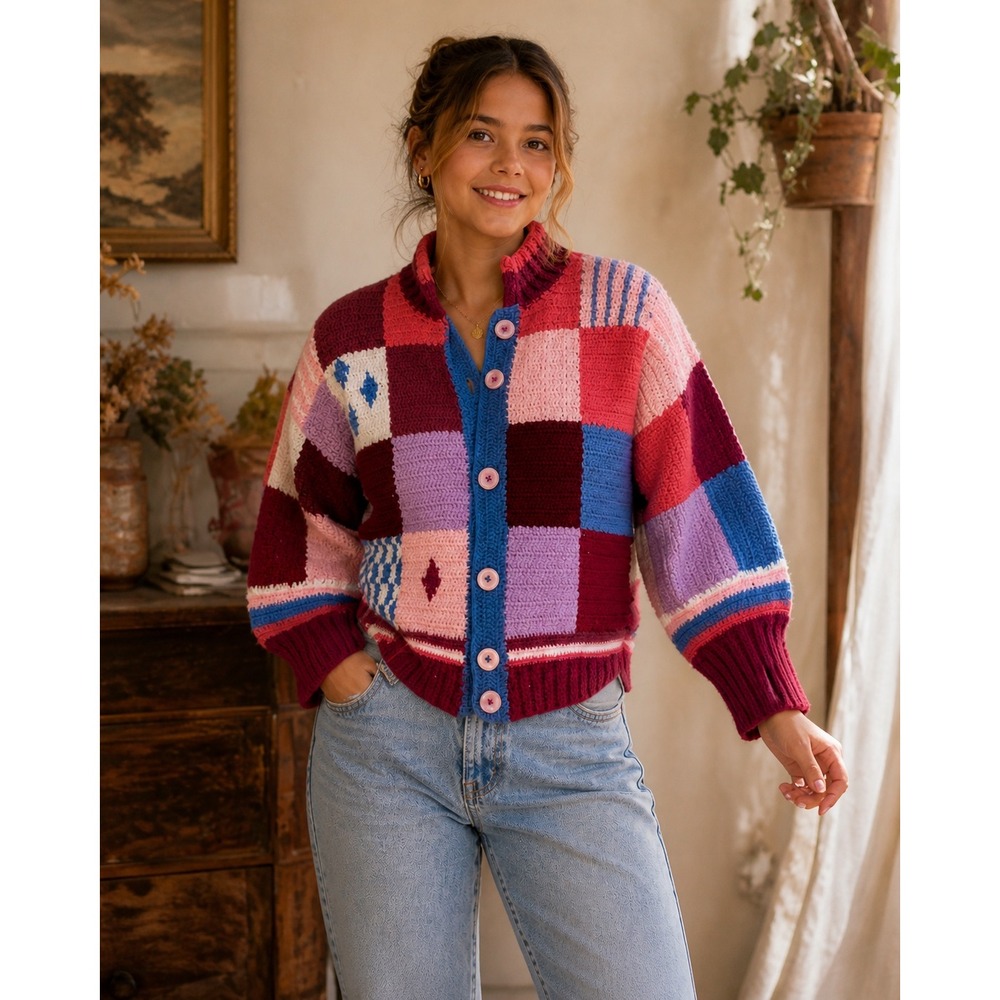 Patchwork‎ Knit Cardigan Colorblock Cottagecore Artsy Boho Grandma Crochet SZ M